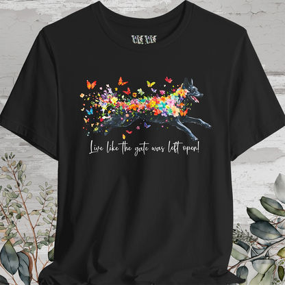 Kelpie "Live like the gate was left open" Unisex T shirt