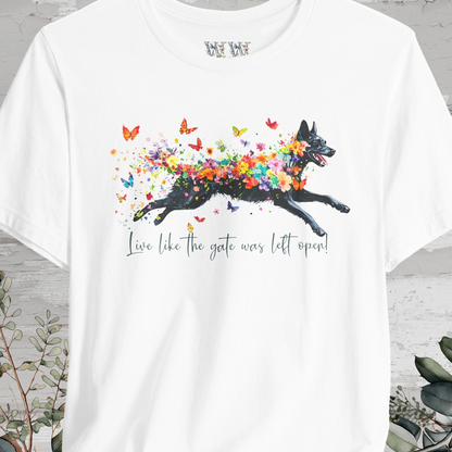 Kelpie "Live like the gate was left open" Unisex T shirt