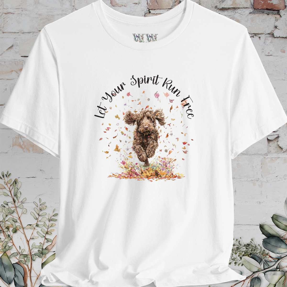 Labradoodle/Groodle #1 Autumn/Fall leaves 'Let your spirit run free' T shirt