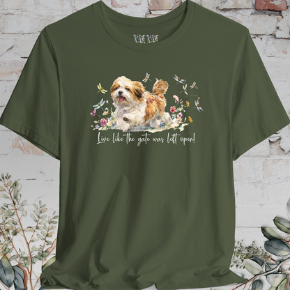 Lhasa Apso Dragonfly #2  "Live like the gate was left open" Unisex T shirt