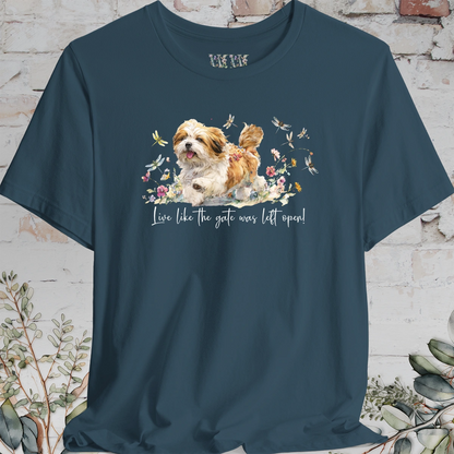 Lhasa Apso Dragonfly #2  "Live like the gate was left open" Unisex T shirt