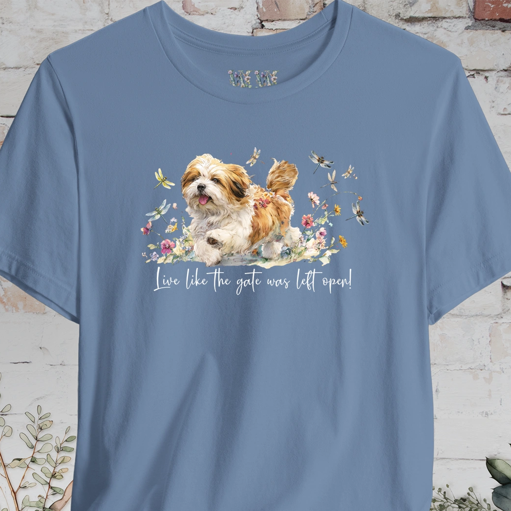 Lhasa Apso Dragonfly #2  "Live like the gate was left open" Unisex T shirt