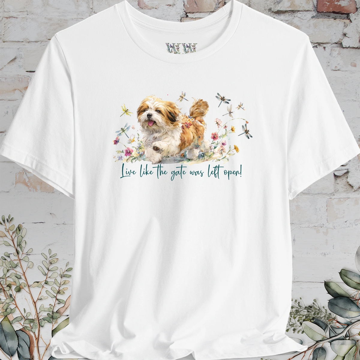 Lhasa Apso Dragonfly #2  "Live like the gate was left open" Unisex T shirt