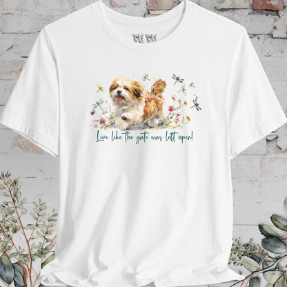 Lhasa Apso Dragonfly #2  "Live like the gate was left open" Unisex T shirt