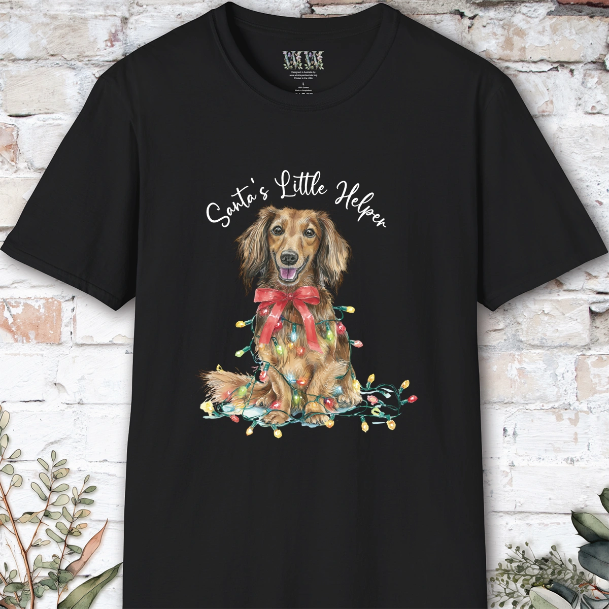 Long Haired Dachshund #1 Santa's little helper, unisex T shirt