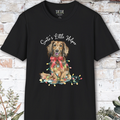 Long Haired Dachshund #1 Santa's little helper, unisex T shirt