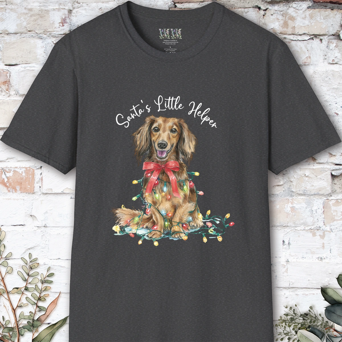 Long Haired Dachshund #1 Santa's little helper, unisex T shirt