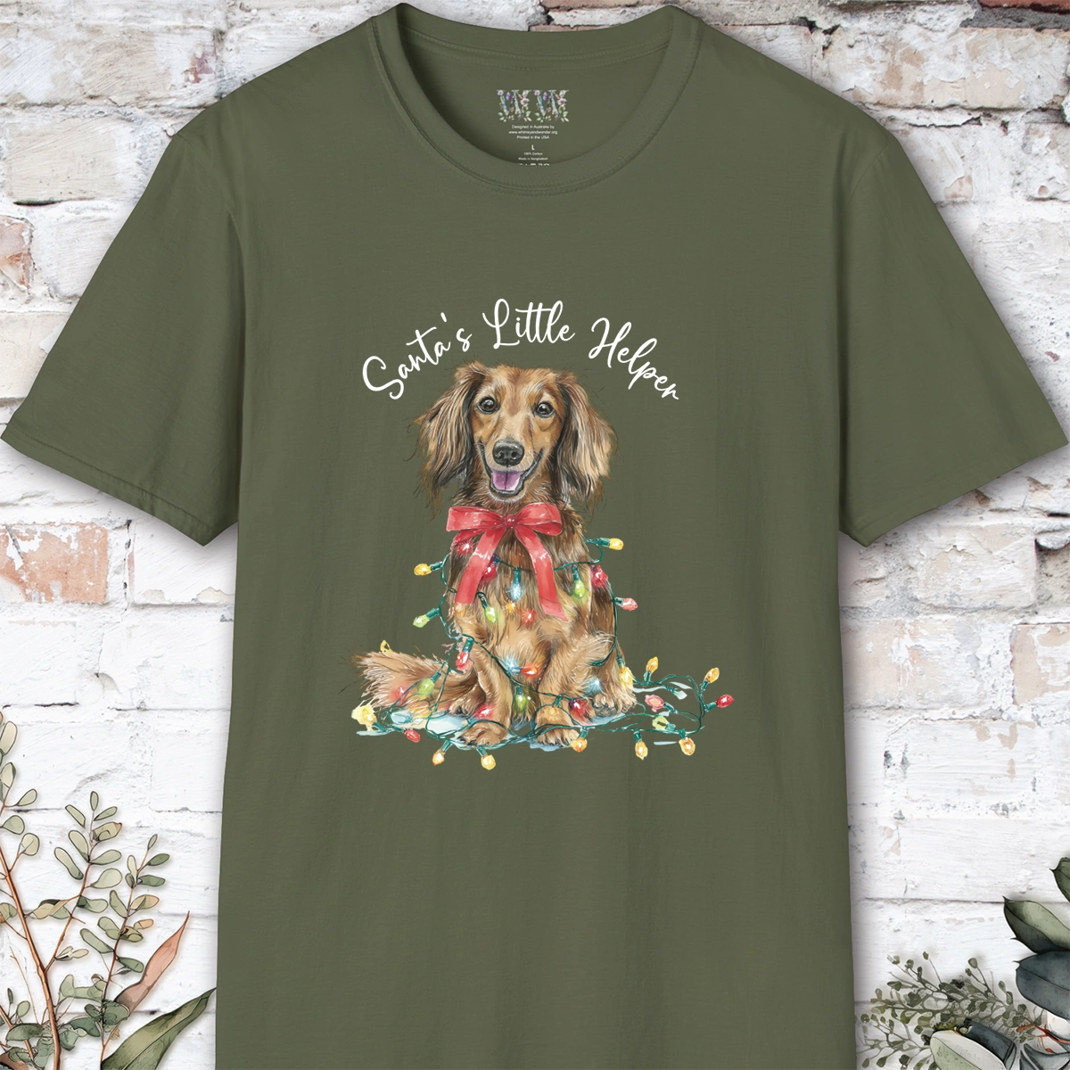 Long Haired Dachshund #1 Santa's little helper, unisex T shirt