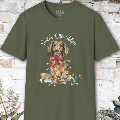 Long Haired Dachshund #1 Santa's little helper, unisex T shirt