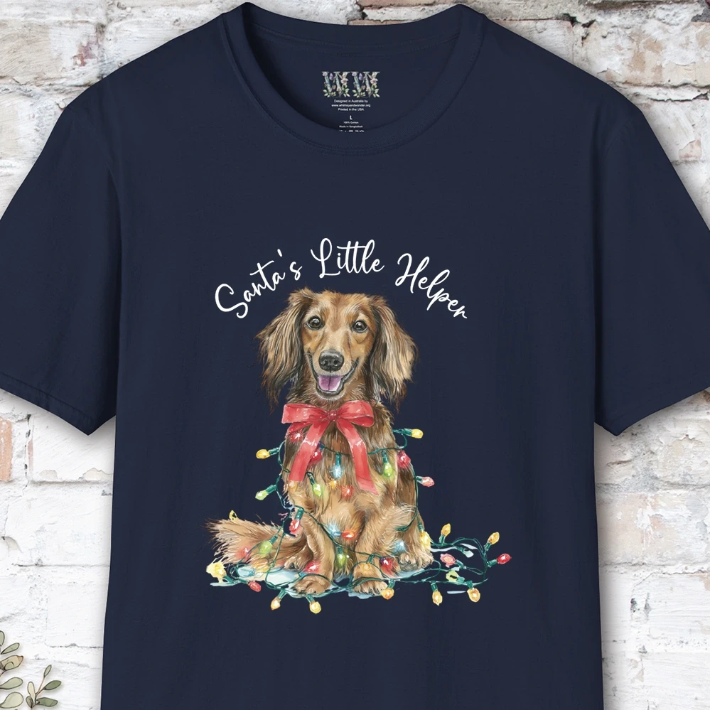 Long Haired Dachshund #1 Santa's little helper, unisex T shirt
