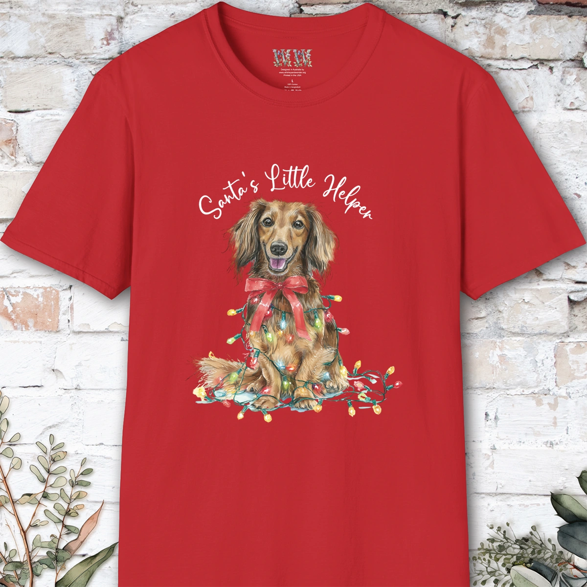 Long Haired Dachshund #1 Santa's little helper, unisex T shirt