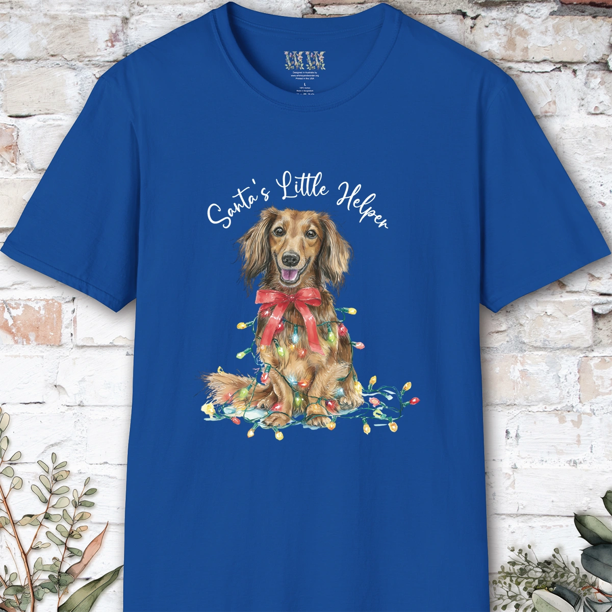 Long Haired Dachshund #1 Santa's little helper, unisex T shirt