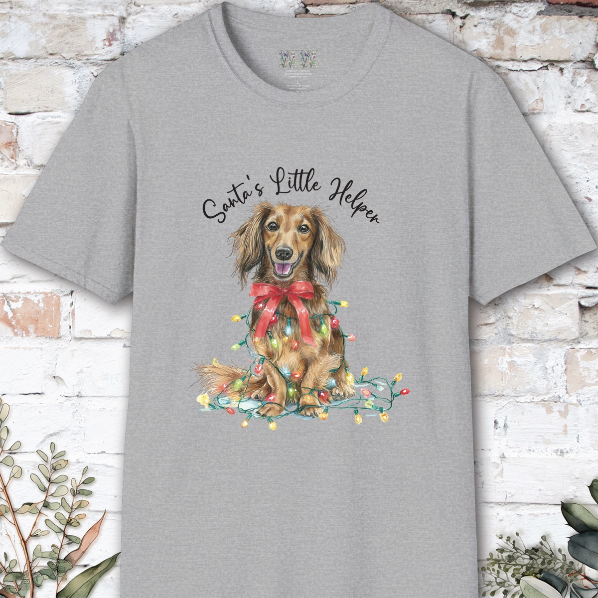 Long Haired Dachshund #1 Santa's little helper, unisex T shirt