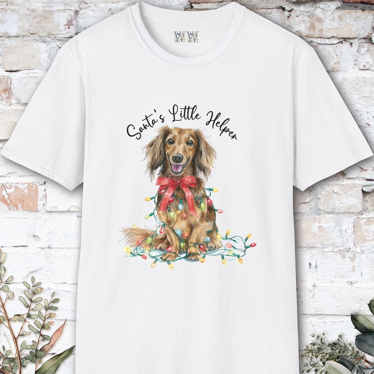 Long Haired Dachshund #1 Santa's little helper, unisex T shirt