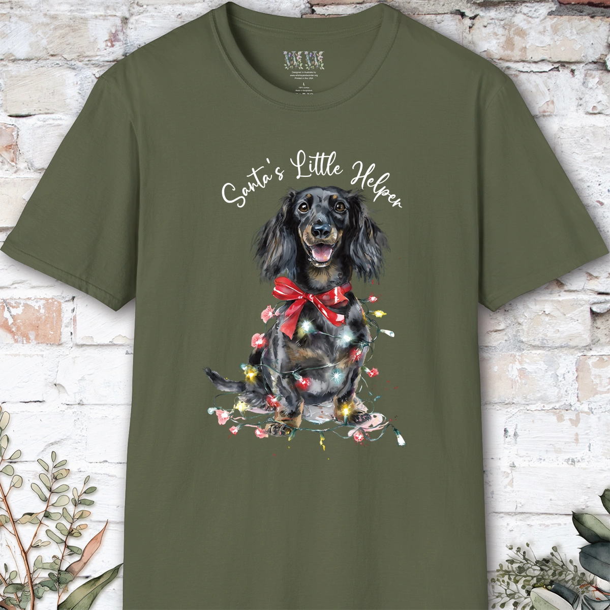 Long Haired Dachshund #2 Santa's little helper, unisex T shirt