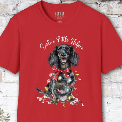 Long Haired Dachshund #2 Santa's little helper, unisex T shirt
