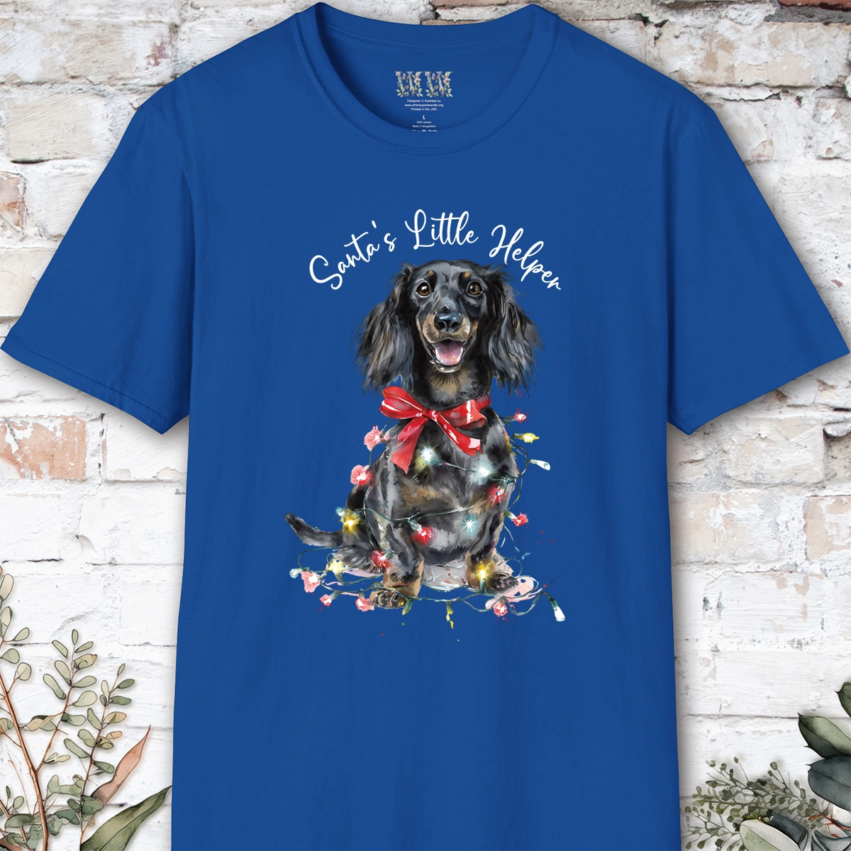 Long Haired Dachshund #2 Santa's little helper, unisex T shirt