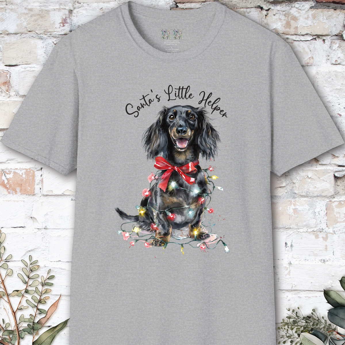 Long Haired Dachshund #2 Santa's little helper, unisex T shirt