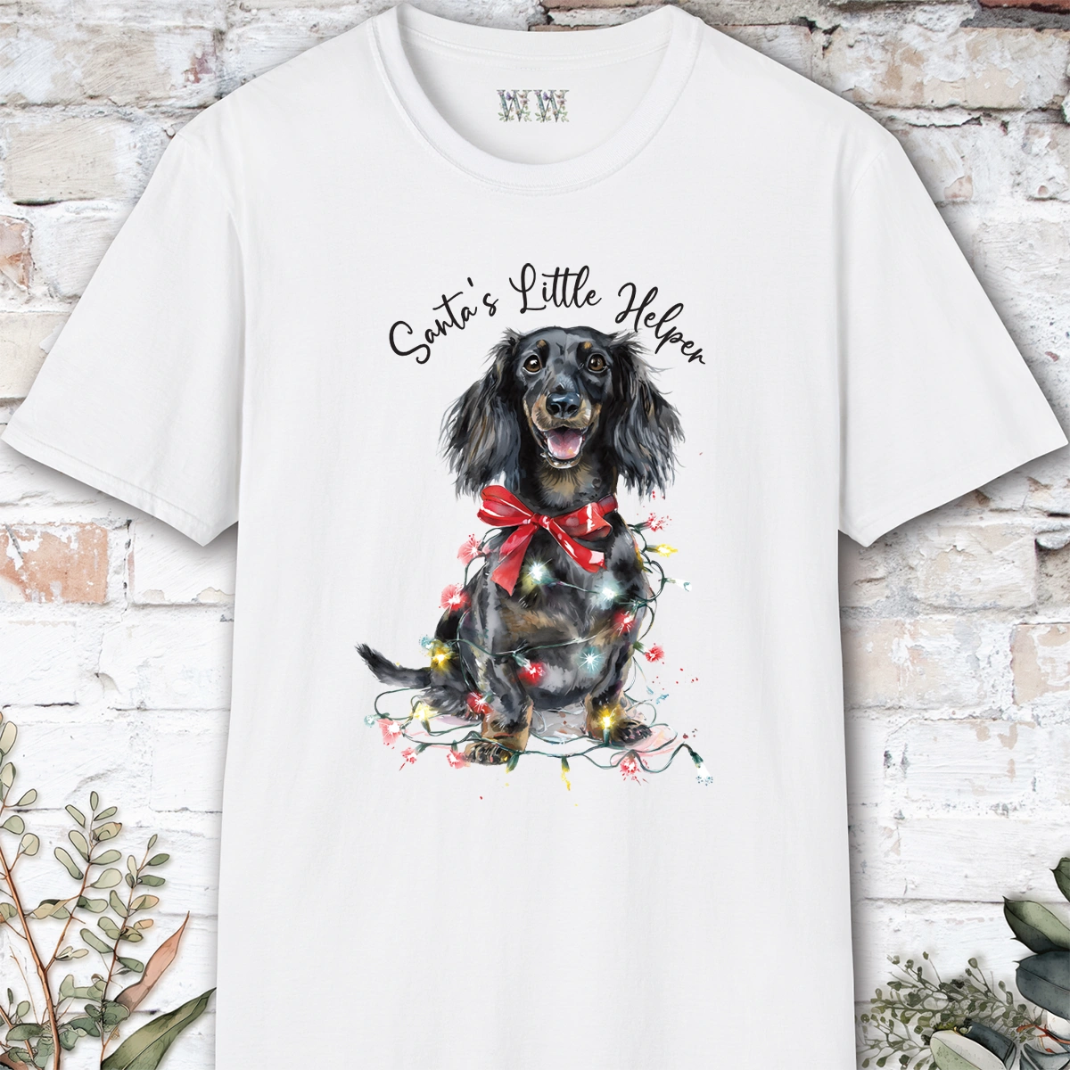 Long Haired Dachshund #2 Santa's little helper, unisex T shirt