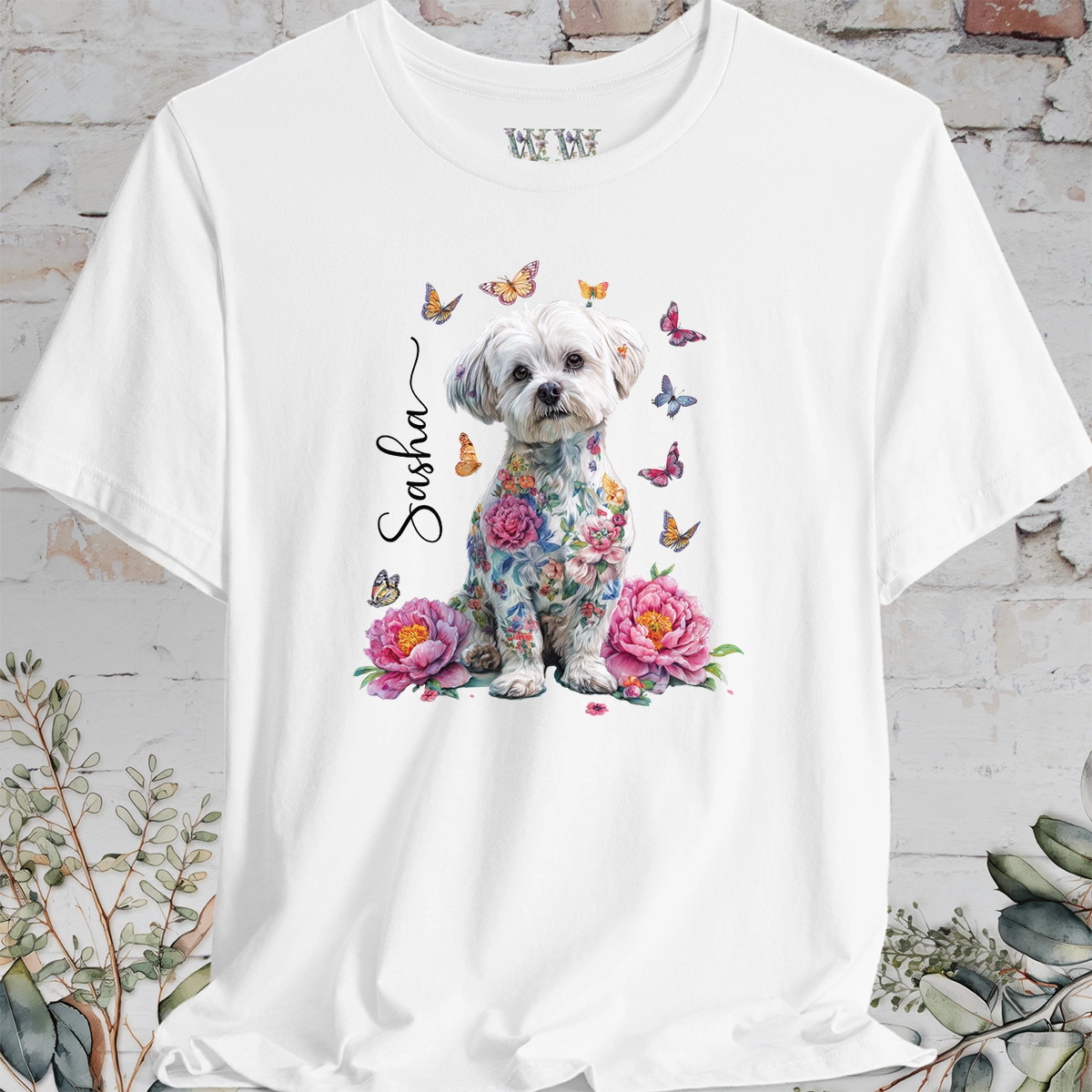 Maltese Peony Butterfly T shirt
