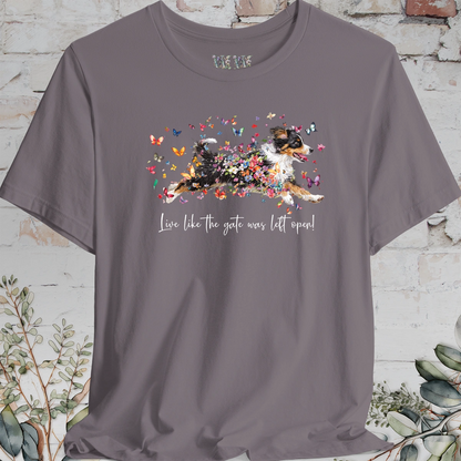 Mini Aussie Doodle 'Live like the gate was left open' T shirt