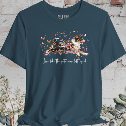 Mini Aussie Doodle 'Live like the gate was left open' T shirt