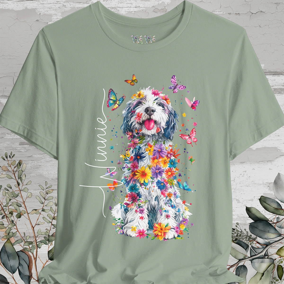 Old English Sheepdog #2 Floral Personalized T shirt