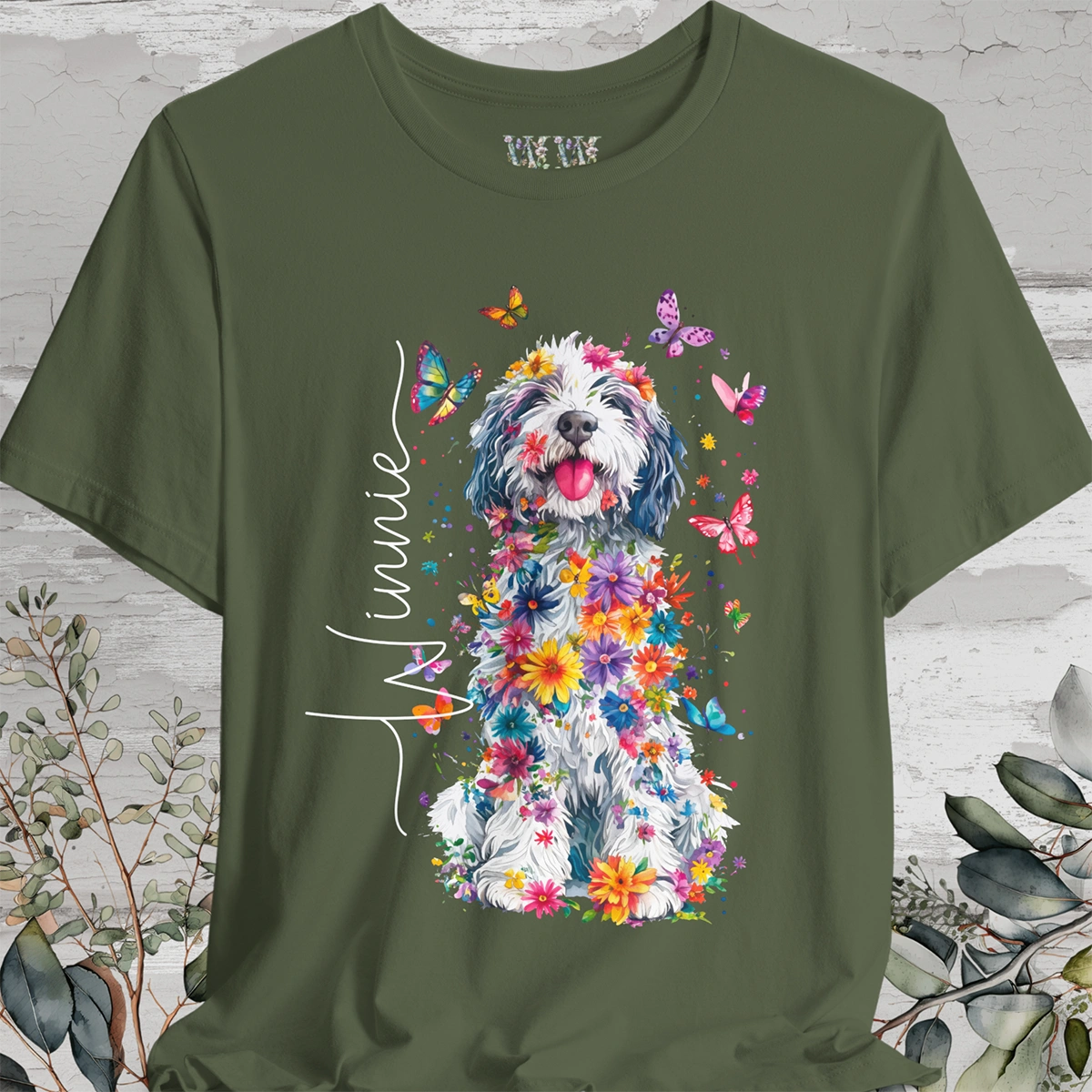 Old English Sheepdog #2 Floral Personalized T shirt