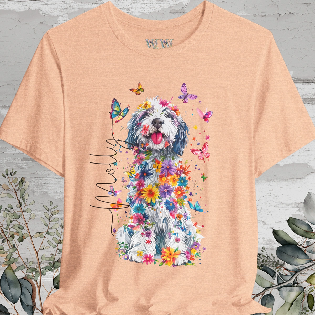 Old English Sheepdog #2 Floral Personalized T shirt