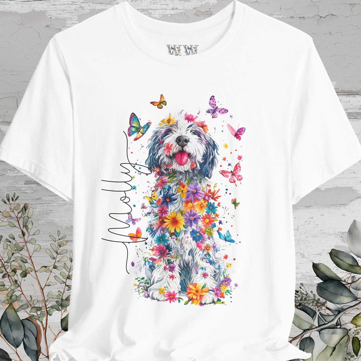 Old English Sheepdog #2 Floral Personalized T shirt