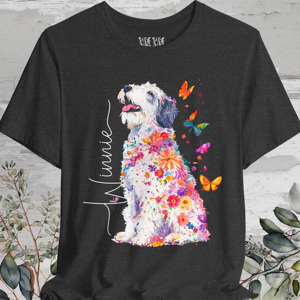 Old English Sheepdog Floral Personalized T shirt