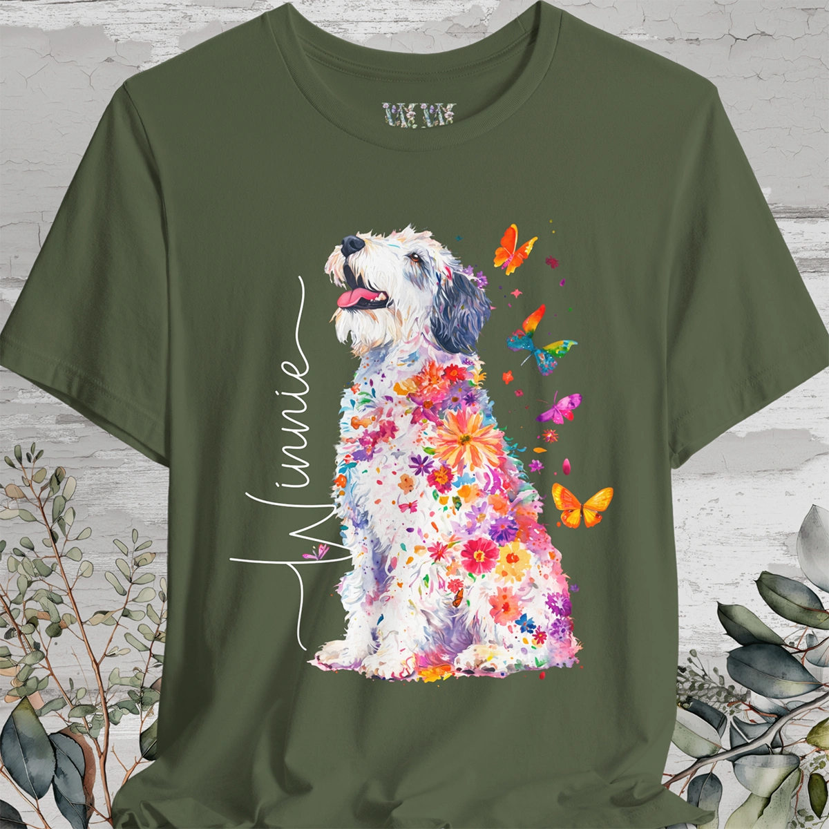 Old English Sheepdog Floral Personalized T shirt