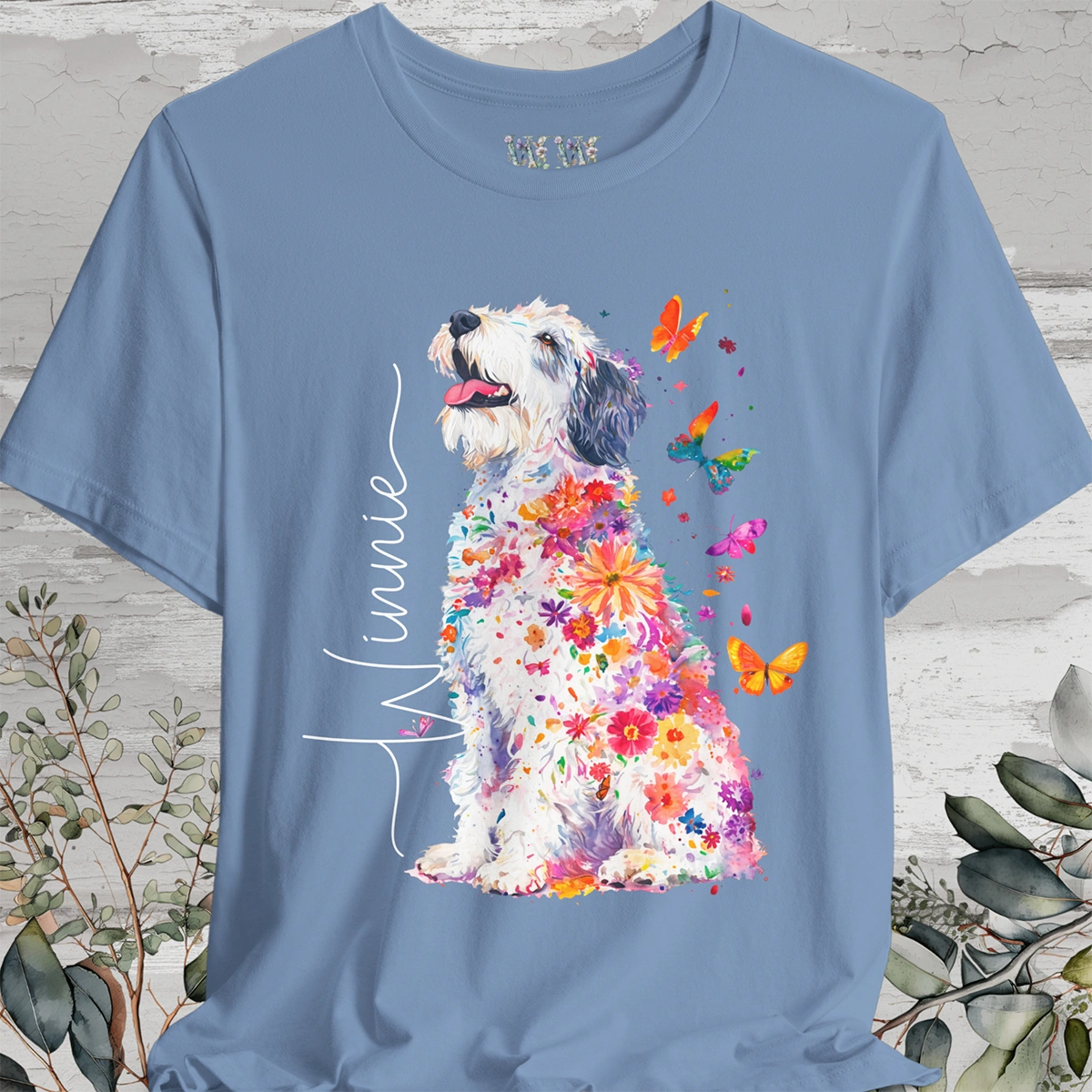 Old English Sheepdog Floral Personalized T shirt