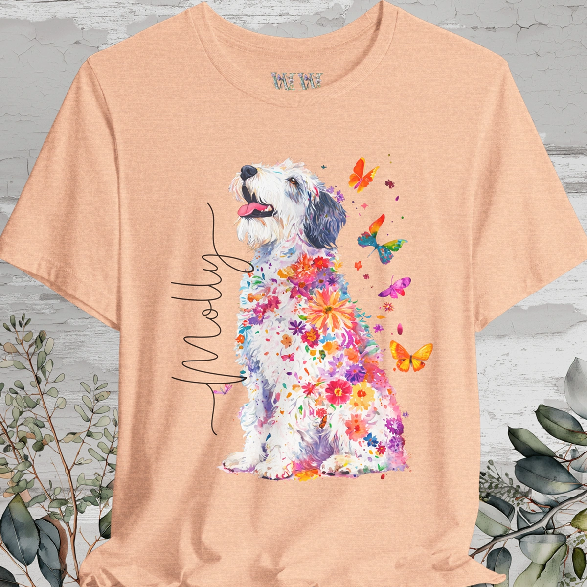 Old English Sheepdog Floral Personalized T shirt