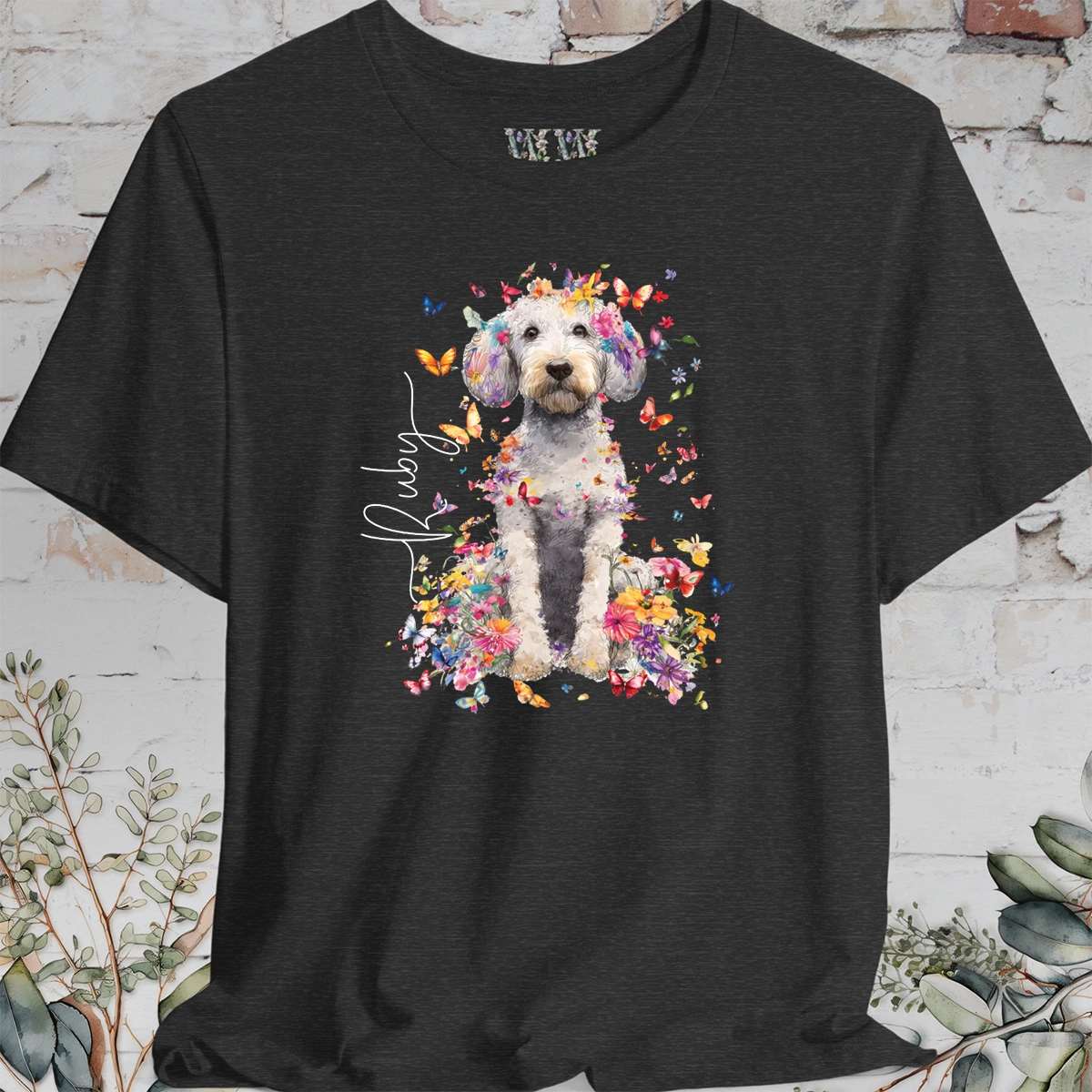 Poodle Cross, Floral Butterfly Personalised Unisex T-Shirt