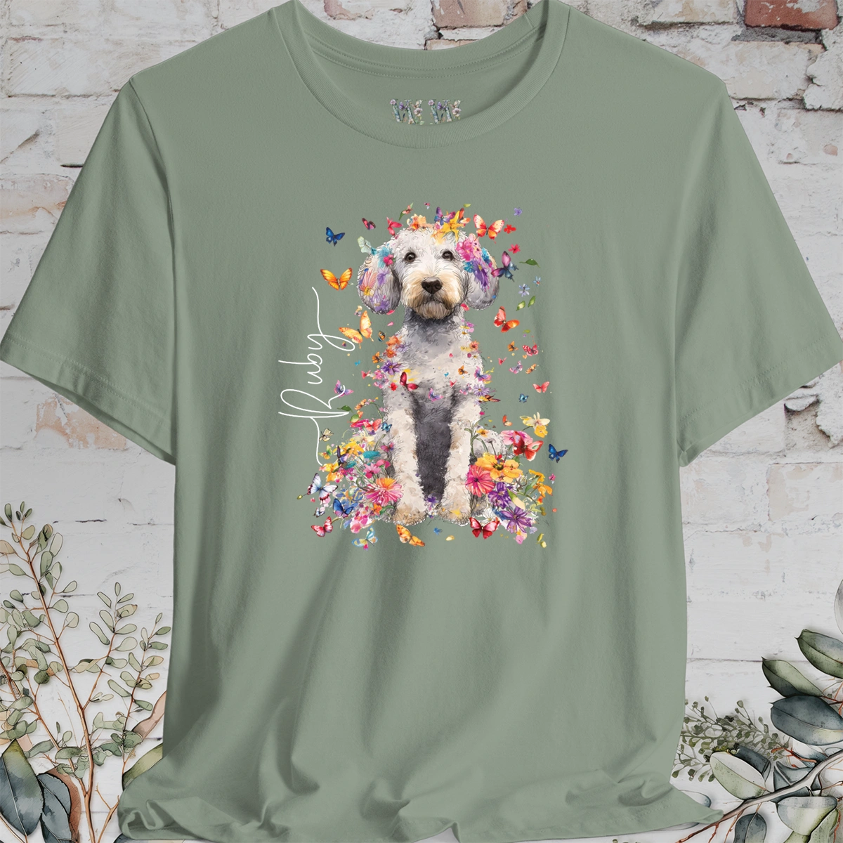 Poodle Cross, Floral Butterfly Personalised Unisex T-Shirt