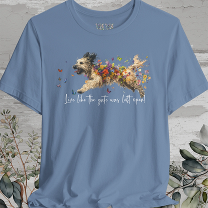 Pyrenean Sheepdog "Live like the gate was left open" Unisex T shirt