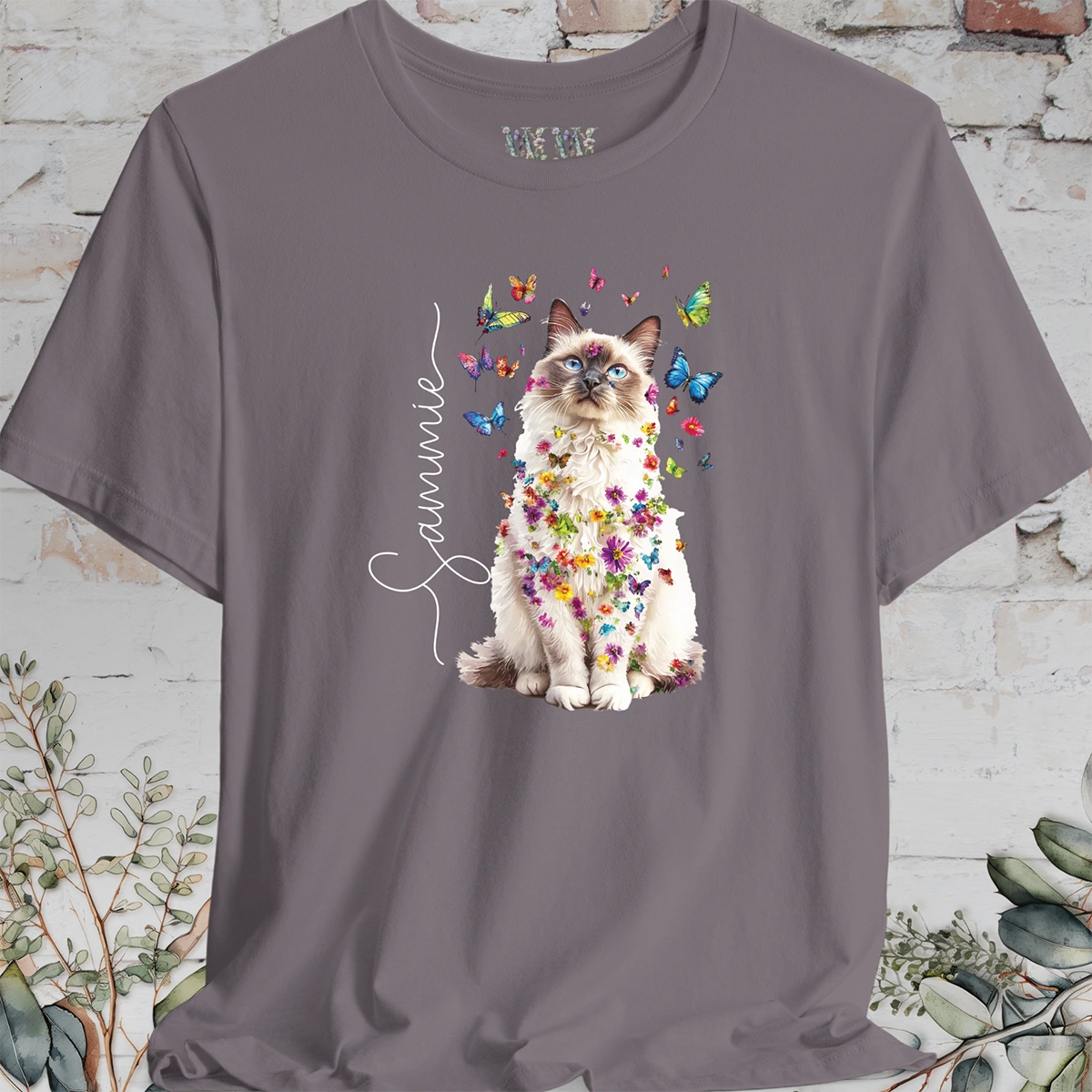 Ragdoll cat, personalized Floral Butterfly unisex T shirt