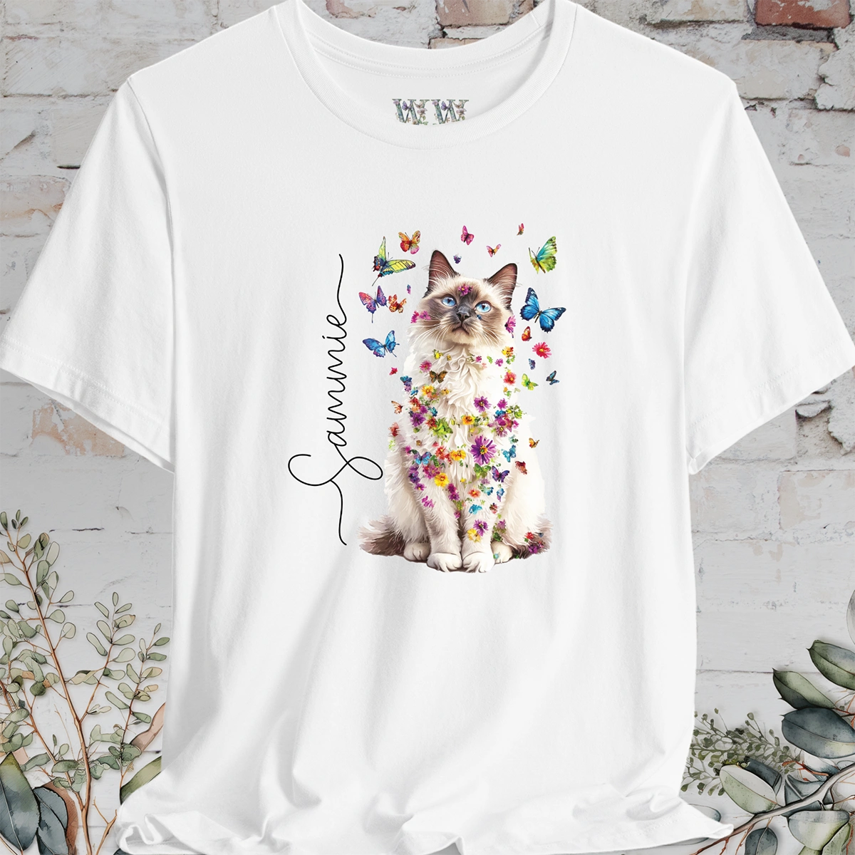 Ragdoll cat, personalized Floral Butterfly unisex T shirt