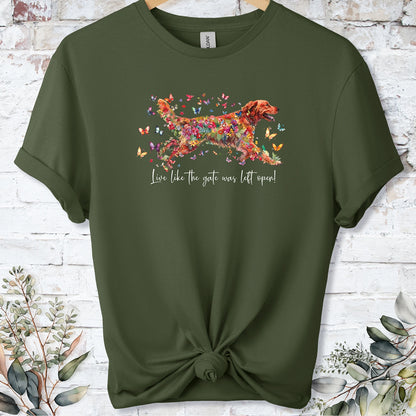 Red Golden Retriever, Live like the gate was left open, unisex T shirt