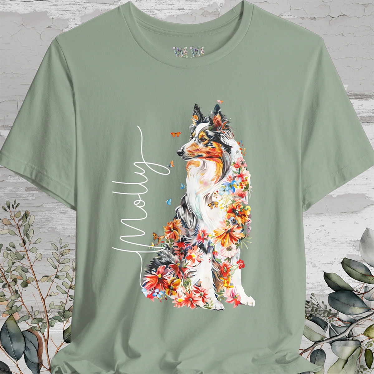 Rough Collie #1 Floral Personalized T shirt