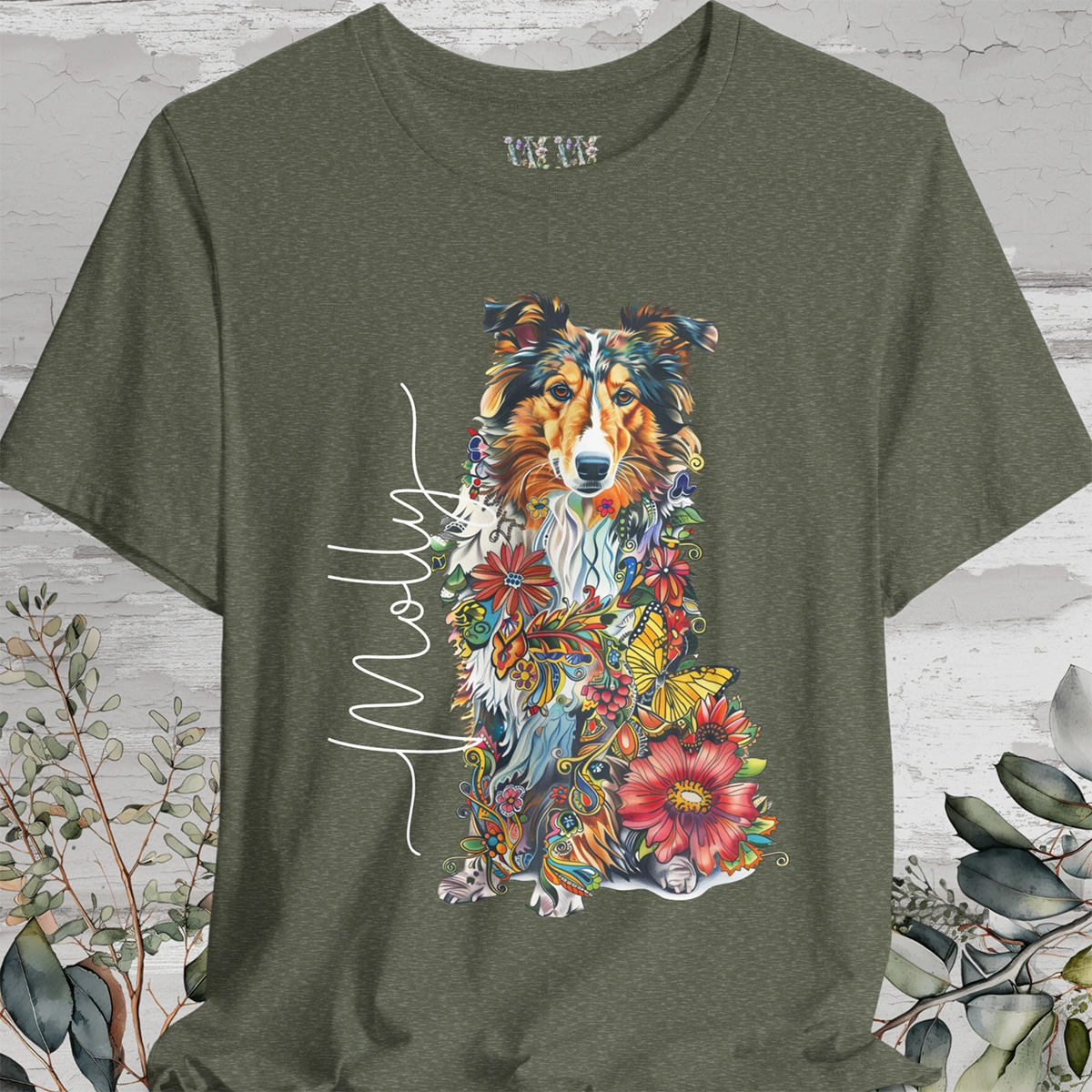 Rough Collie #2 Floral Personalized T shirt