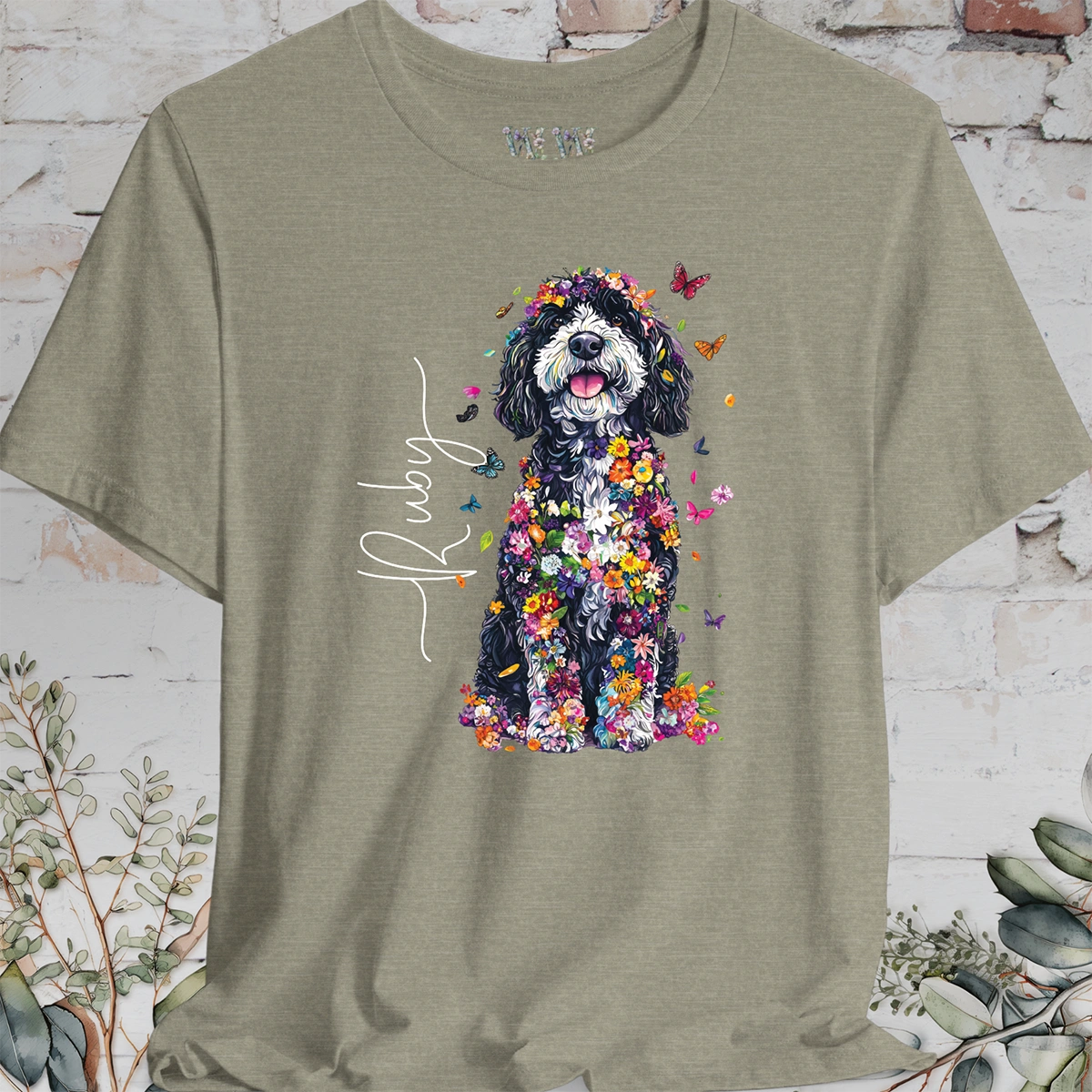 Sheepadoodle #2 Floral Butterfly personalized unisex T shirt