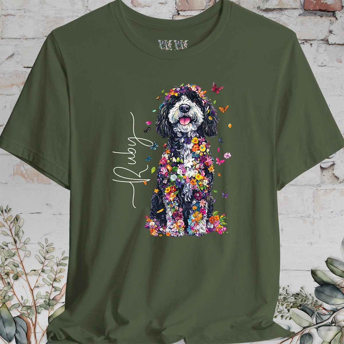 Sheepadoodle #2 Floral Butterfly personalized unisex T shirt