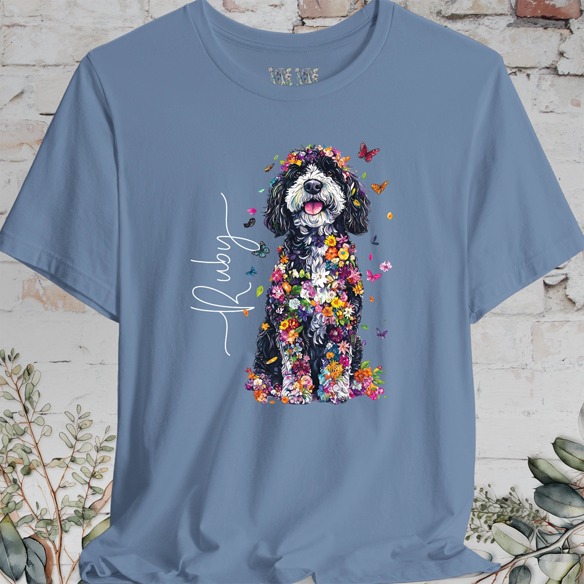 Sheepadoodle #2 Floral Butterfly personalized unisex T shirt