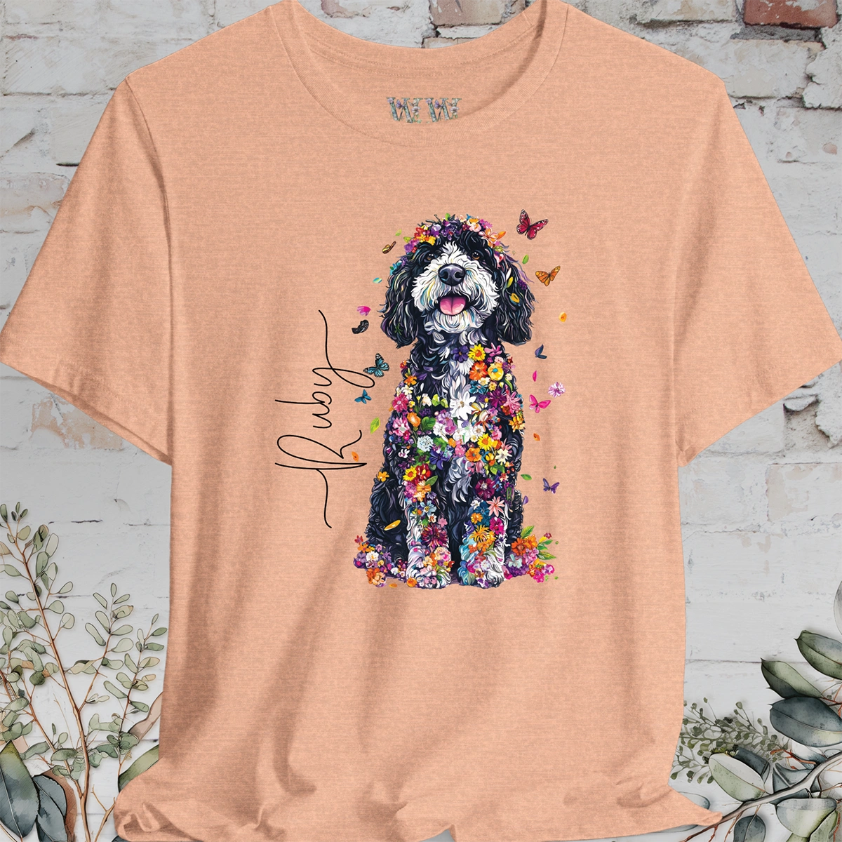 Sheepadoodle #2 Floral Butterfly personalized unisex T shirt