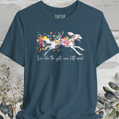 Saluki #1 "Live like the gate was left open" Unisex T shirt