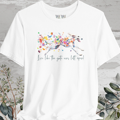 Saluki #1 "Live like the gate was left open" Unisex T shirt