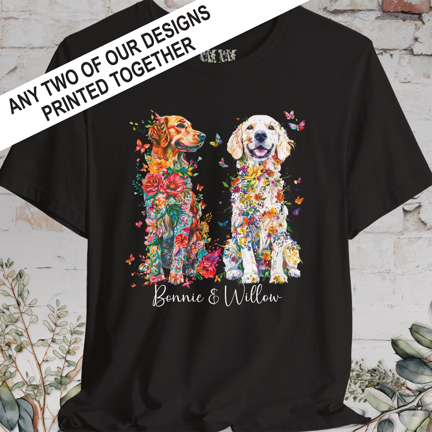 DUO floral personalised T Shirt. Choose two of our designs.