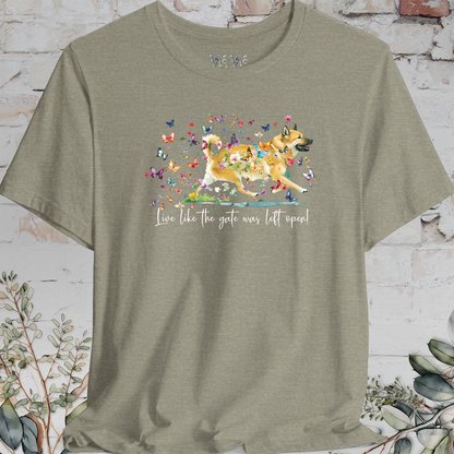 Wheaten Buhund 'Live like the gate was left open' T shirt